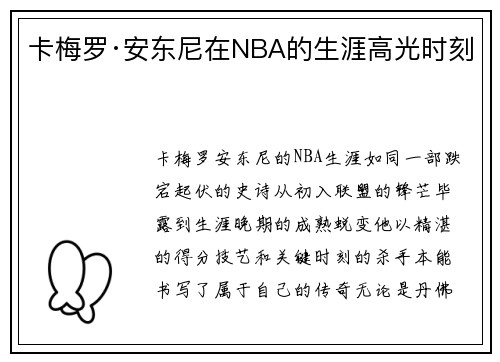 卡梅罗·安东尼在NBA的生涯高光时刻